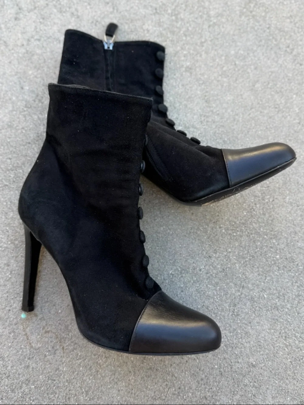 Barneys New York black suede and leather cap-toe stiletto ankle boots size 38.5